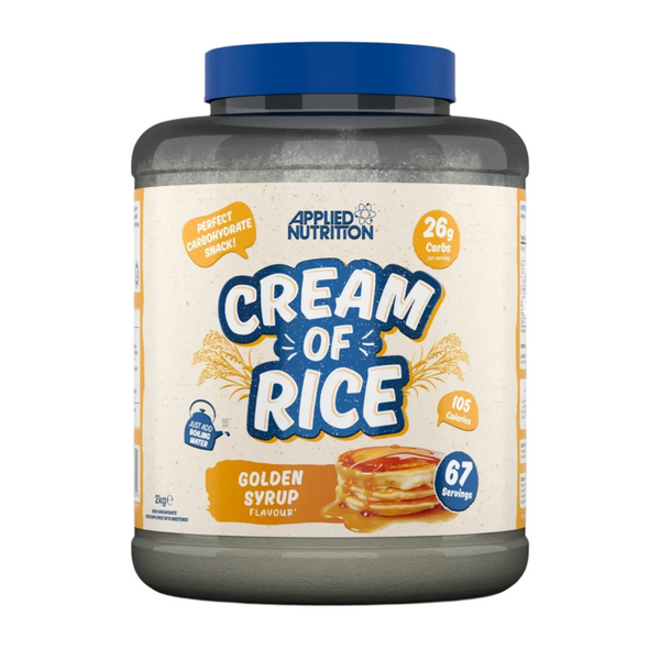 Applied Nutrition Cream of Rice 2kg container with golden syrup flavor label showing 67 servings and nutrition highlights
