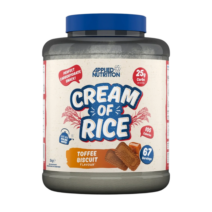 Applied Nutrition Cream of Rice 2kg Toffee Biscuit flavour complex carbohydrate snack with 25g carbs and 105 calories per serving, 67 servings per container