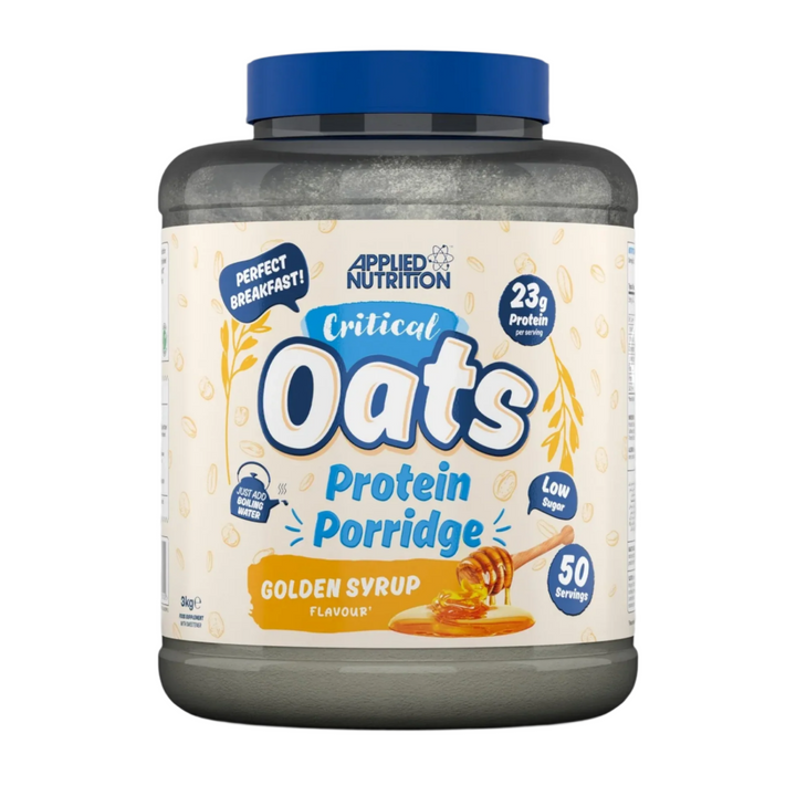 Applied Nutrition Critical Oats Protein Porridge 3kg container with golden syrup flavor, 50 servings, high protein, low sugar, perfect breakfast.