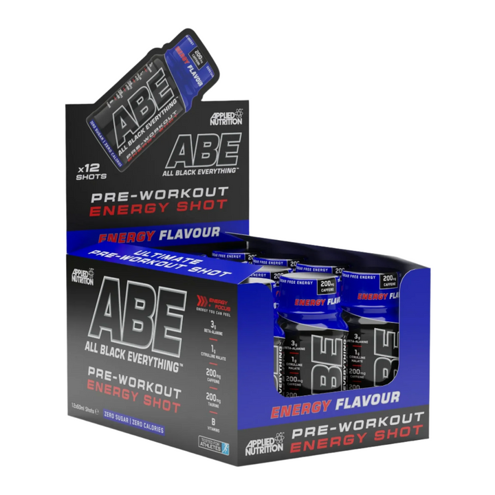 Box of ABE All Black Everything pre-workout energy shots on a gray background
