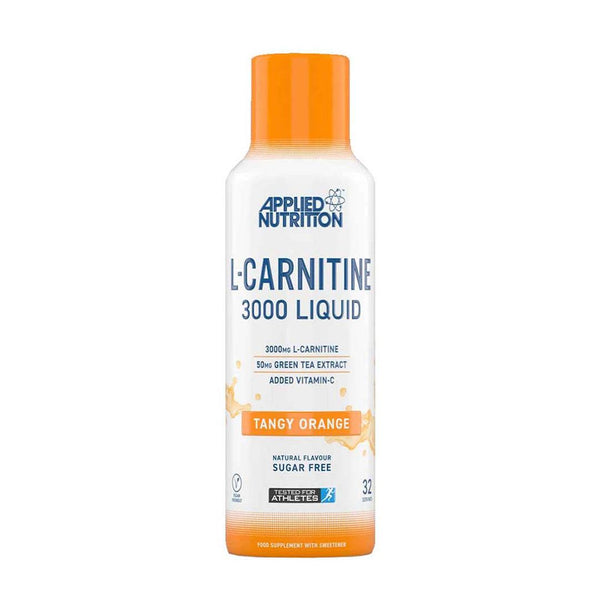 Applied Nutrition L-Carnitine Liquid bottle with 3000mg L-Carnitine, 50mg Green Tea, Vitamin C, Tangy Orange flavor.