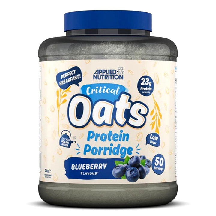 Applied Nutrition Critical Oats Protein Porridge 3kg container with golden syrup flavor, 50 servings, high protein, low sugar, perfect breakfast.