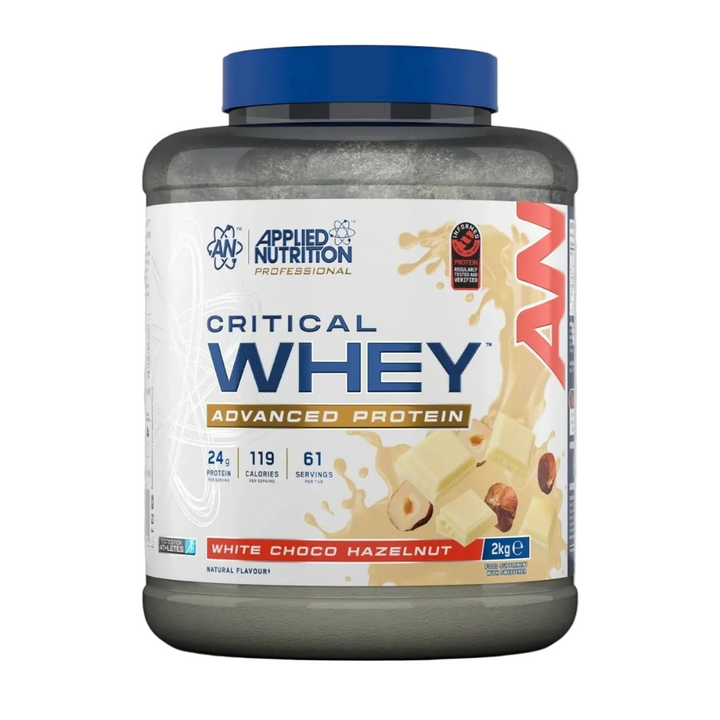 Applied Nutrition Critical Whey protein powder container on a gray background
