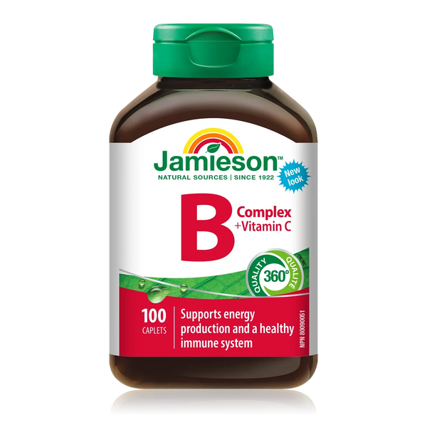 Jamieson B Complex and Vitamin C caplets for energy support and immune health, 100 count bottle