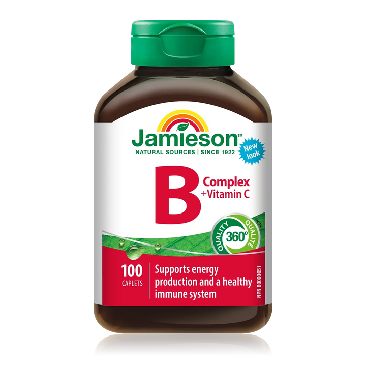 Jamieson B Complex and Vitamin C caplets for energy support and immune health, 100 count bottle