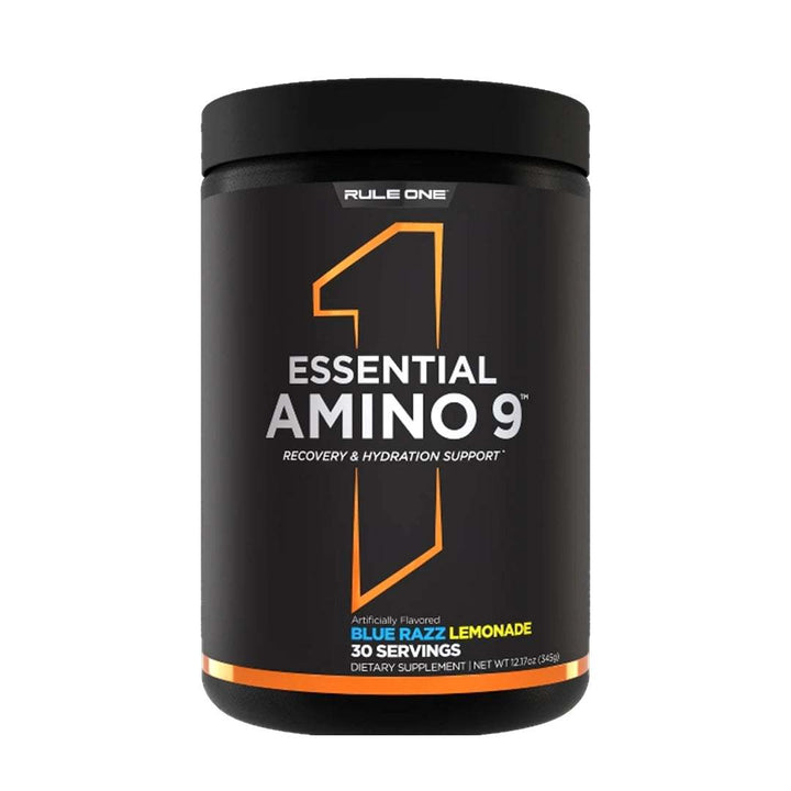 Rule One Essential Amino 9 supplement jar for muscle building and hydration.