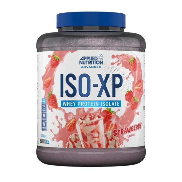 Applied Nutrition ISO-XP whey protein isolate container with strawberry flavor on a gray background