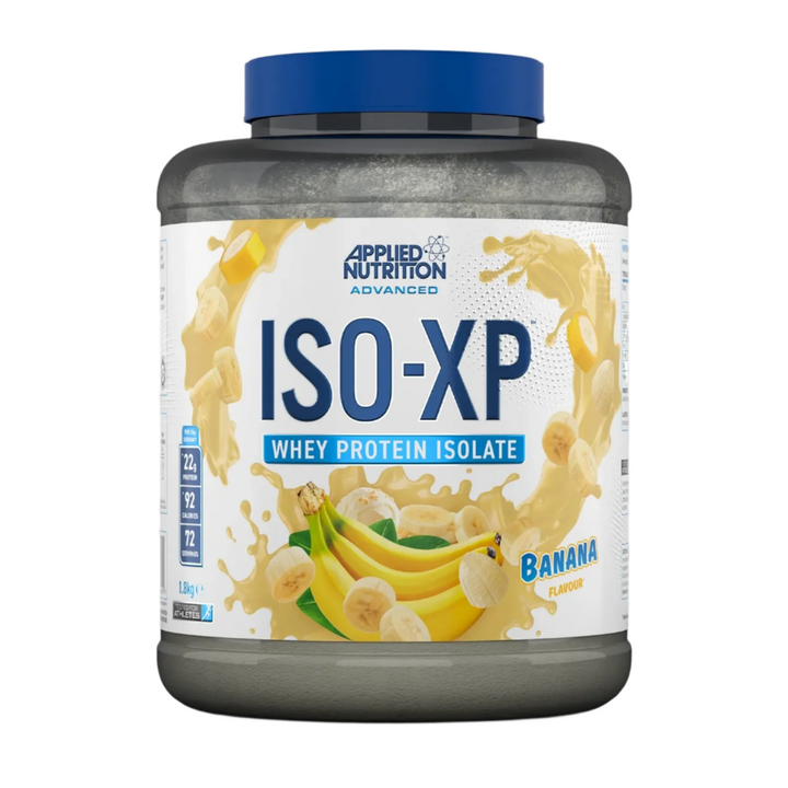Applied Nutrition ISO-XP Whey Protein Isolate container with banana flavor on a gray background