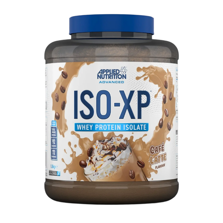 Applied Nutrition ISO-XP whey protein isolate container with blue lid on a gray background