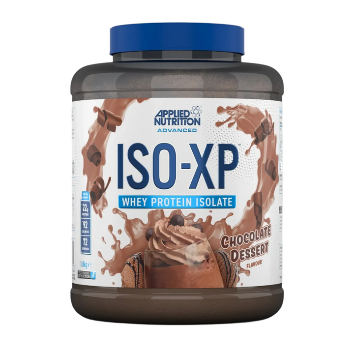 Applied Nutrition ISO-XP whey protein isolate chocolate dessert flavor container with 72 scoops for muscle growth and low-carb diets