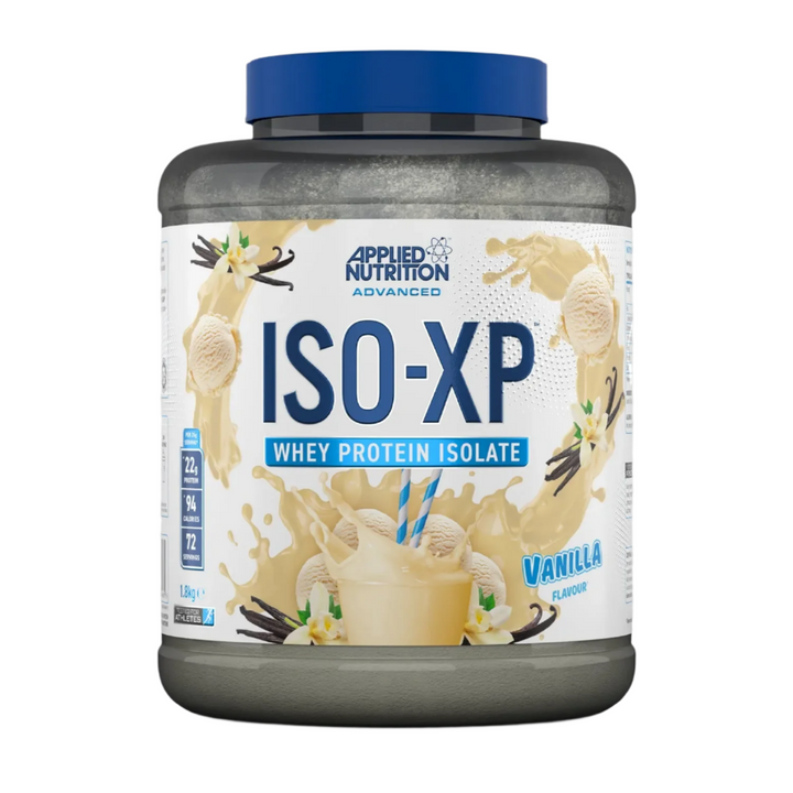 Applied Nutrition ISO-XP whey protein isolate container on a gray background