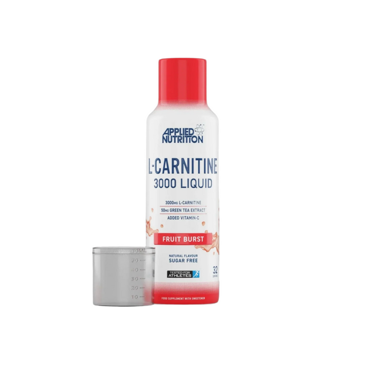 Applied Nutrition L-Carnitine 3000 Liquid bottle with a measuring cup on a gray background
