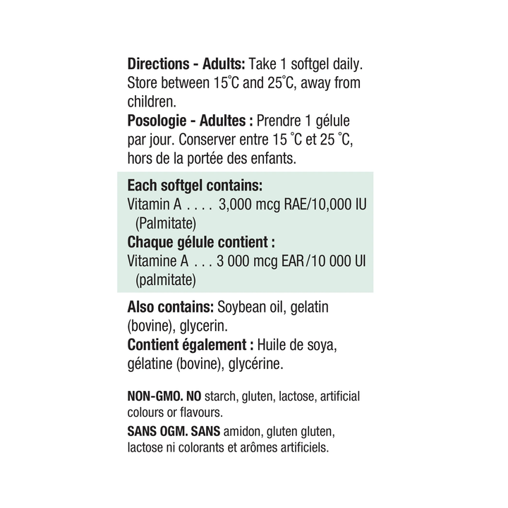 Jamieson Vitamin A 10000 ui 100 soft gels nutrition facts
