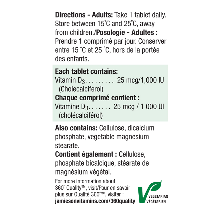 Jamieson Vitamin D3 1,000 IU , 100 Tablets | SUPPLEMENTO