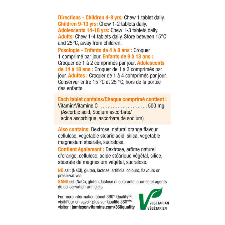 Jamieson  Vitamin C - 100 Chewable tablets (Tangy Orange flavour) | SUPPLEMENTO