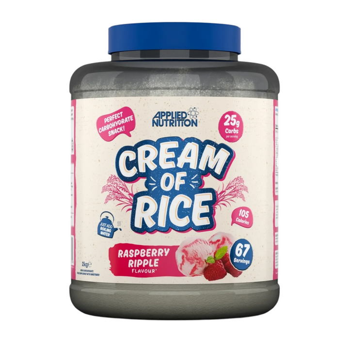Applied Nutrition Cream of Rice raspberry ripple flavor 2kg tub with 67 servings, 25g carbs per serving, perfect carbohydrate snack.