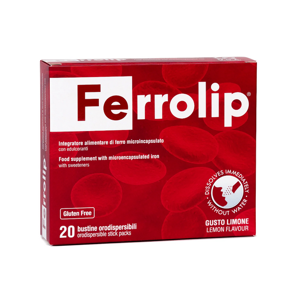 Ferrolip lemon flavored iron supplement with 20 soluble sachets for improved iron absorption