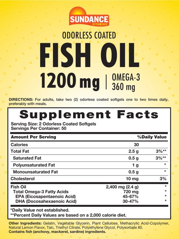SUNDANCE FISH OIL 1200 mg bottle with 100 soft gel capsules for brain, skin, and heart health.