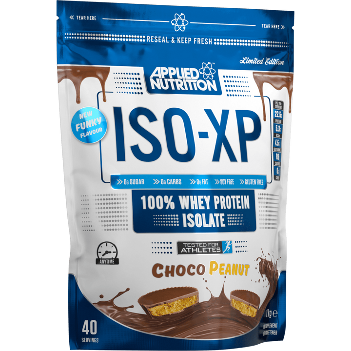 Applied Nutrition ISO-XP 1 kg whey protein isolate packaging featuring Choco Peanut flavor, 100% pure with no added sugar or soy.