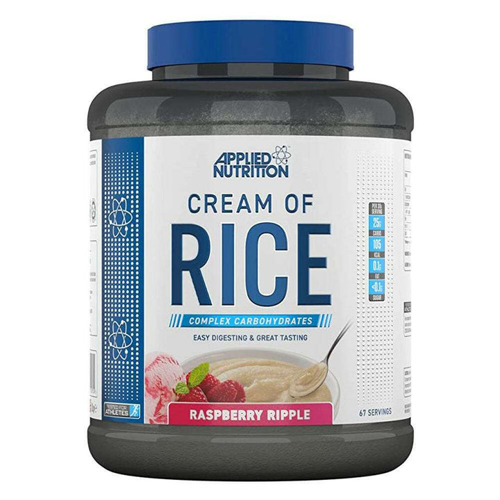 Applied Nutrition Cream of Rice 2kg container with 67 servings, complex carbohydrates, easy digesting, raspberry ripple flavor.