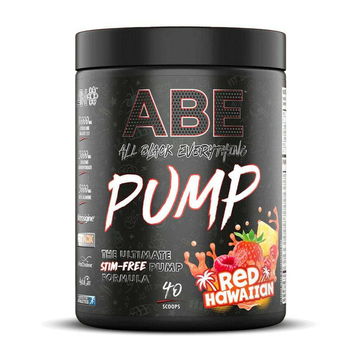 Applied Nutrition ABE Pump Stim Free pre-workout, 40 servings, Red Hawaiian flavor.