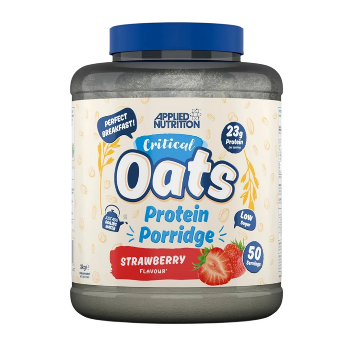 Container of Applied Nutrition Critical Oats Protein Porridge with strawberry flavor on a gray background