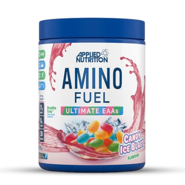 Amino Fuel EAA supplement jar for muscle recovery and growth, 390g, Candy Ice Blast flavor.