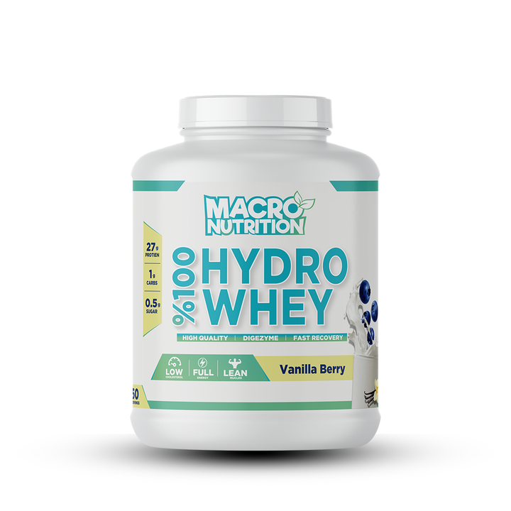 MACRO NUTRITION HYDRO 1.8KG whey protein container, vanilla berry flavor, high-quality hydrolyzed protein for muscle recovery.