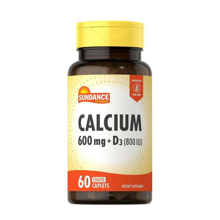 Sundance Calcium 600mg with Vitamin D3, 60 caplets bottle, dietary supplement for bone health.
