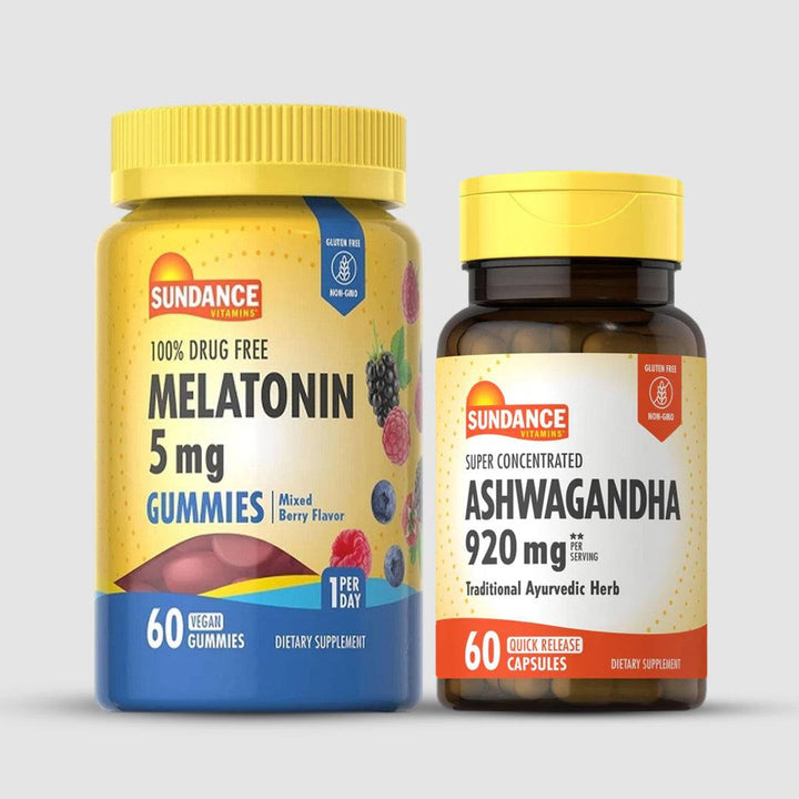 Sundance Vitamins Ashwagandha 920 mg capsules and Melatonin 5 mg mixed berry gummies bundle for relaxation and sleep support