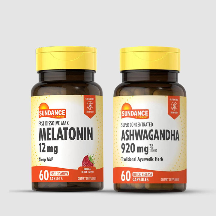 Ashwagandha 920mg capsules and Melatonin 12mg fast dissolve tablets bundle for calmness and restful sleep