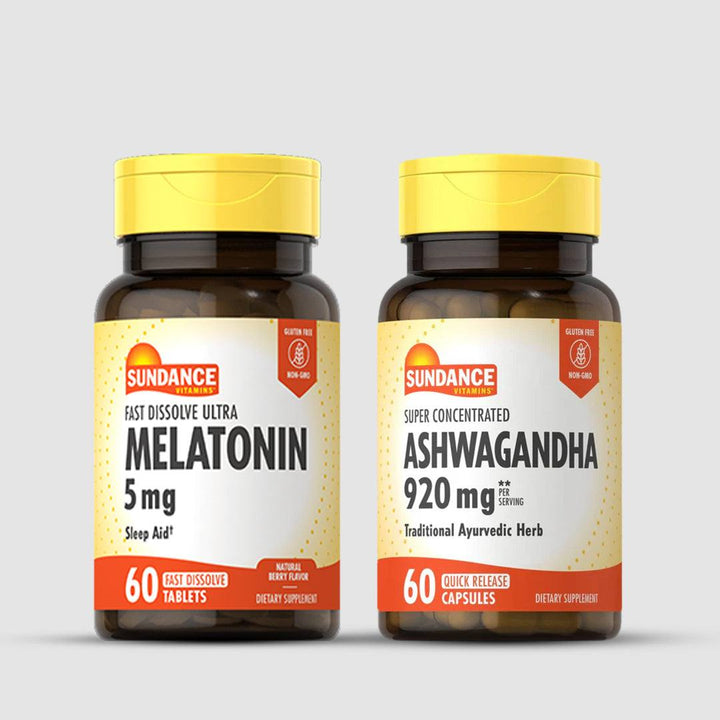 Sundance Vitamins Ashwagandha 920mg and Melatonin 5mg bundle with 60 capsules and tablets for relaxation and sleep support