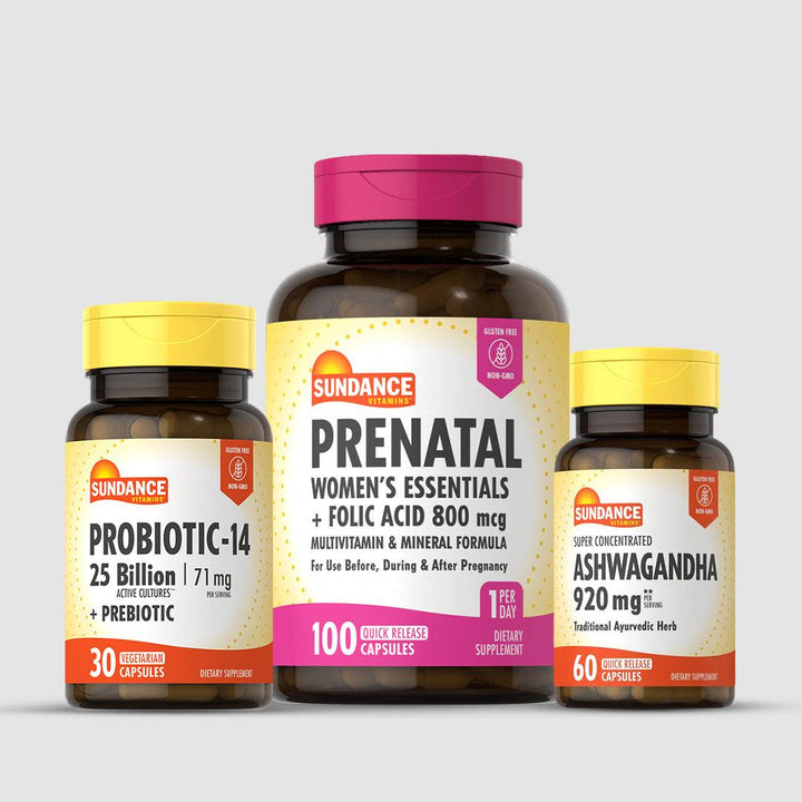 Bundle of Ashwagandha, Probiotics-14, and Prenatal Multivitamins dietary supplements with 100 capsules each for wellness and stress relief