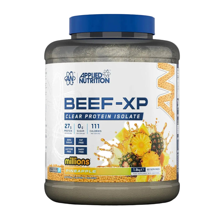 Applied Nutrition Beef-XP protein supplement container on a gray background