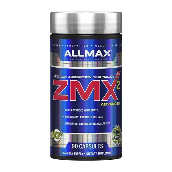 ALLMAX ZMX2 Advanced supplement bottle with 90 capsules, featuring next-gen absorption technology for improved sleep, testosterone, and recovery.