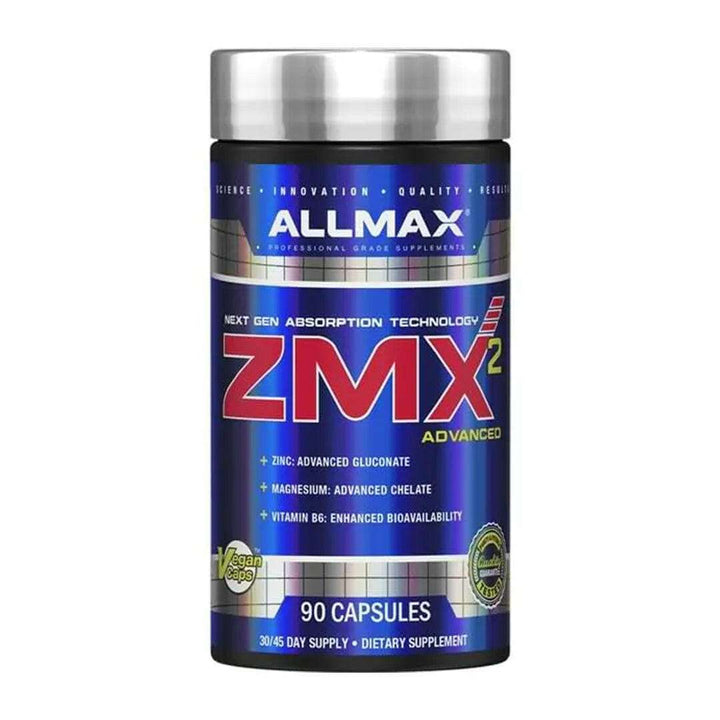 ALLMAX ZMX2 Advanced supplement bottle with 90 capsules, featuring next-gen absorption technology for improved sleep, testosterone, and recovery.